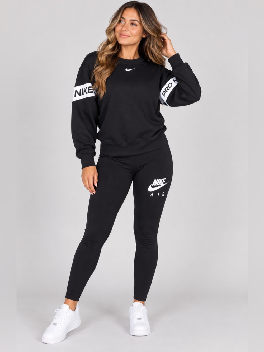 Nike Air Black Leggings with Nike pro Crewneck outfit